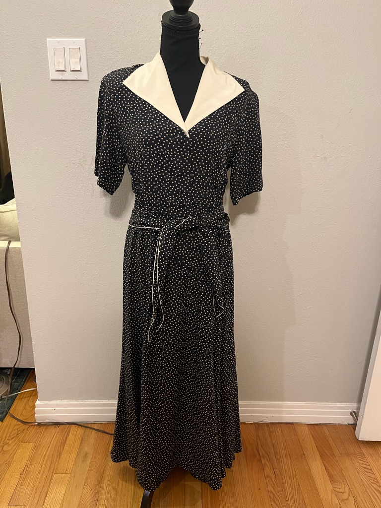 Vintage 80âs Gillian Navy & Cream Polka Dot Old Money Silk Maxi Dress Size 8 Euc